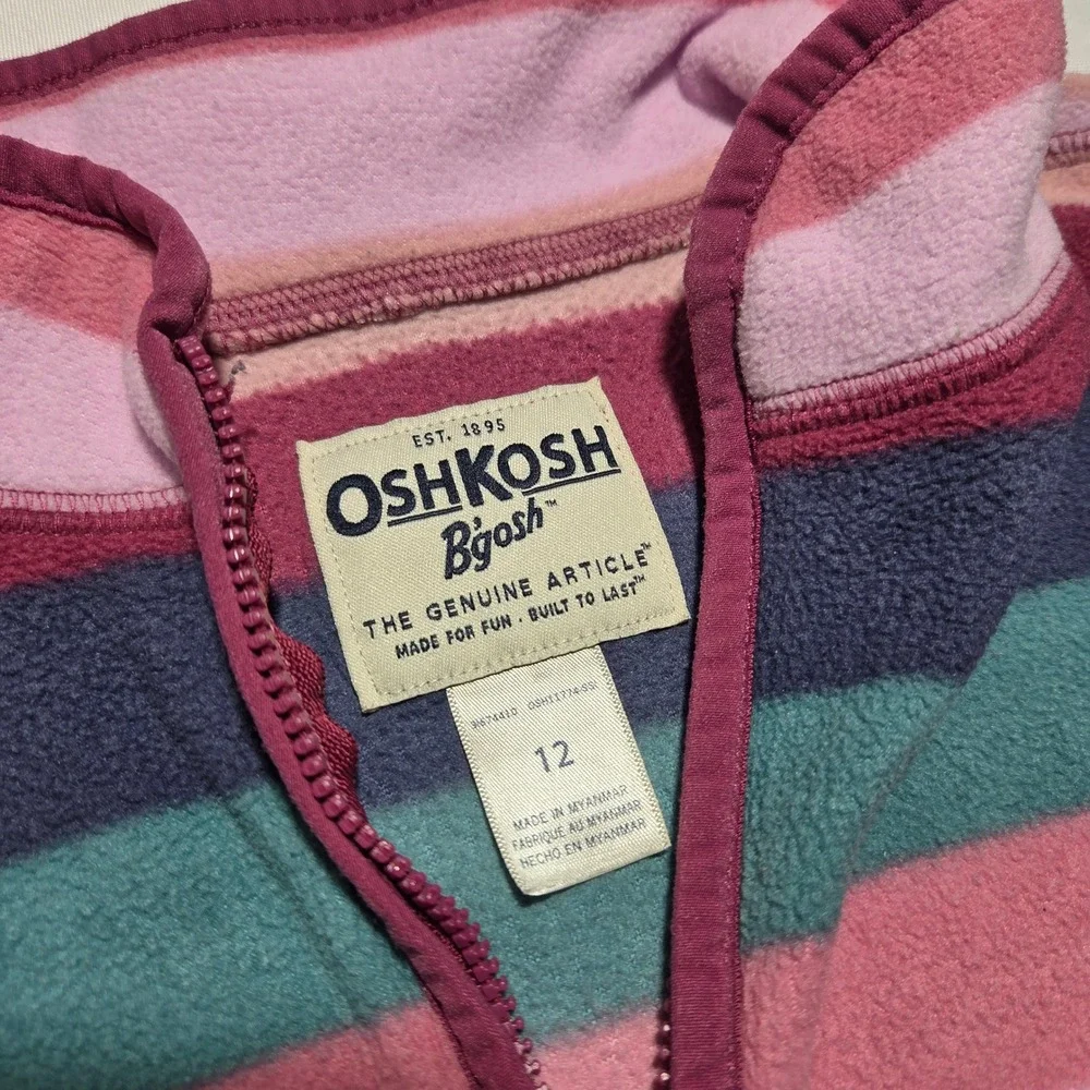 OshKosh Bgosh Girls Fleece Pullover Quarter Zip Striped Pink Purple Teal Size 12